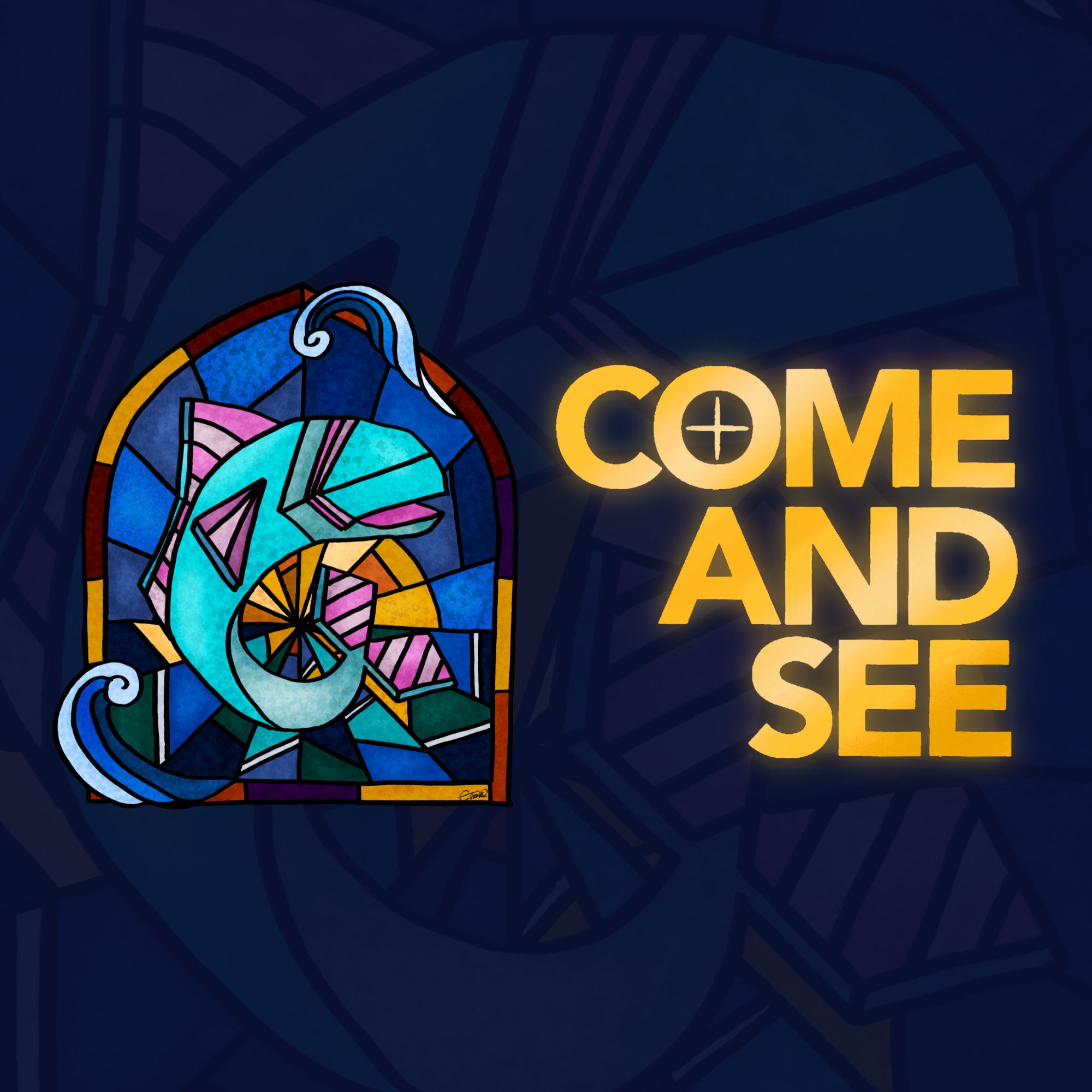 Illustration of a stained glass window depicting a leaping fish. Come and See logo in gold
