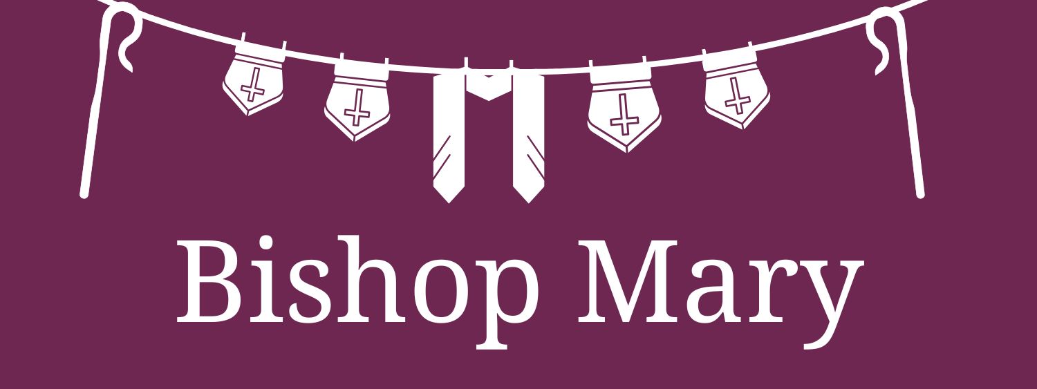 Banner image showing bishops' mitres hanging on a washing line. Text reads 'Bishop Mary'