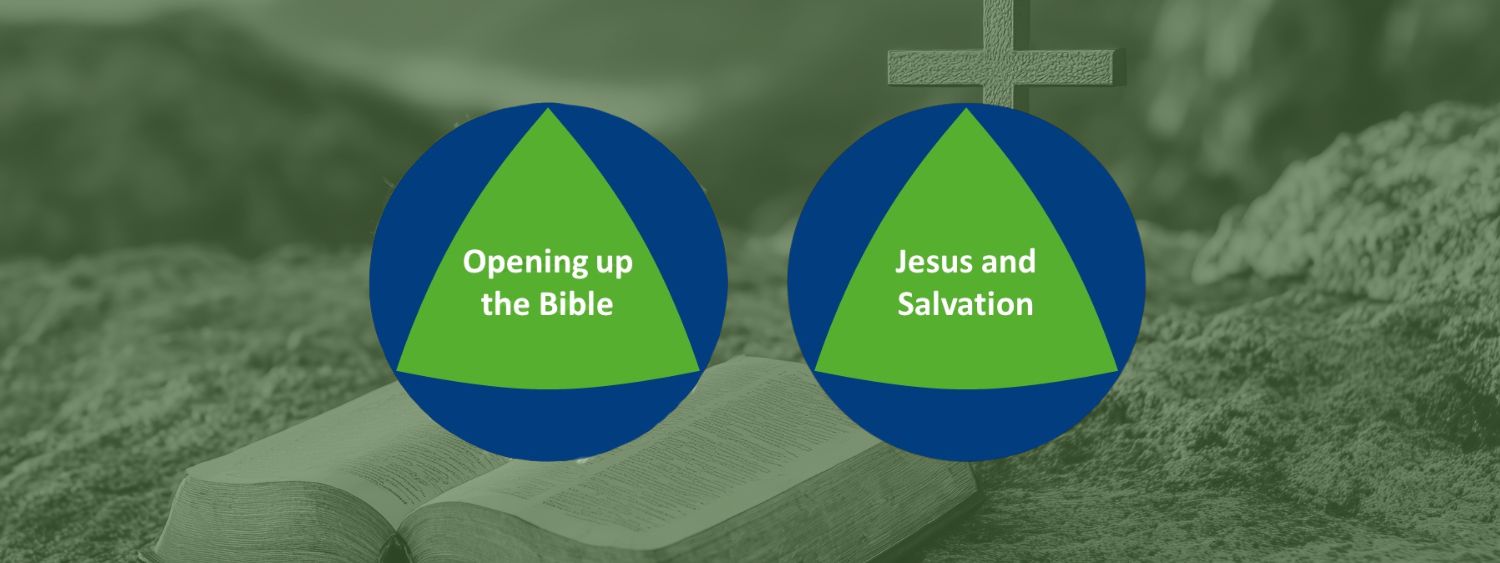 Green tinted photo of a bible by a cross. Two graphics read Opening up the Bible and Jesus and Salvation