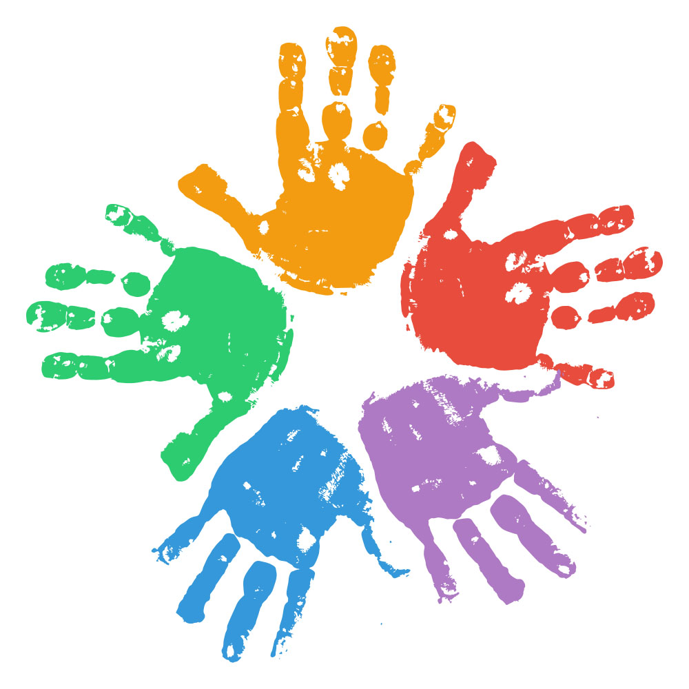 Five painted hands to show togetherness and collaboration