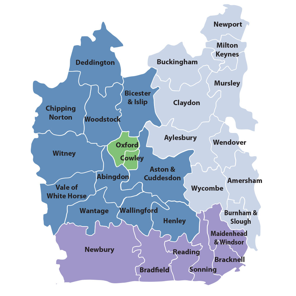 A map of the 29 deaneries and four episcopal areas in the Diocese of Oxford