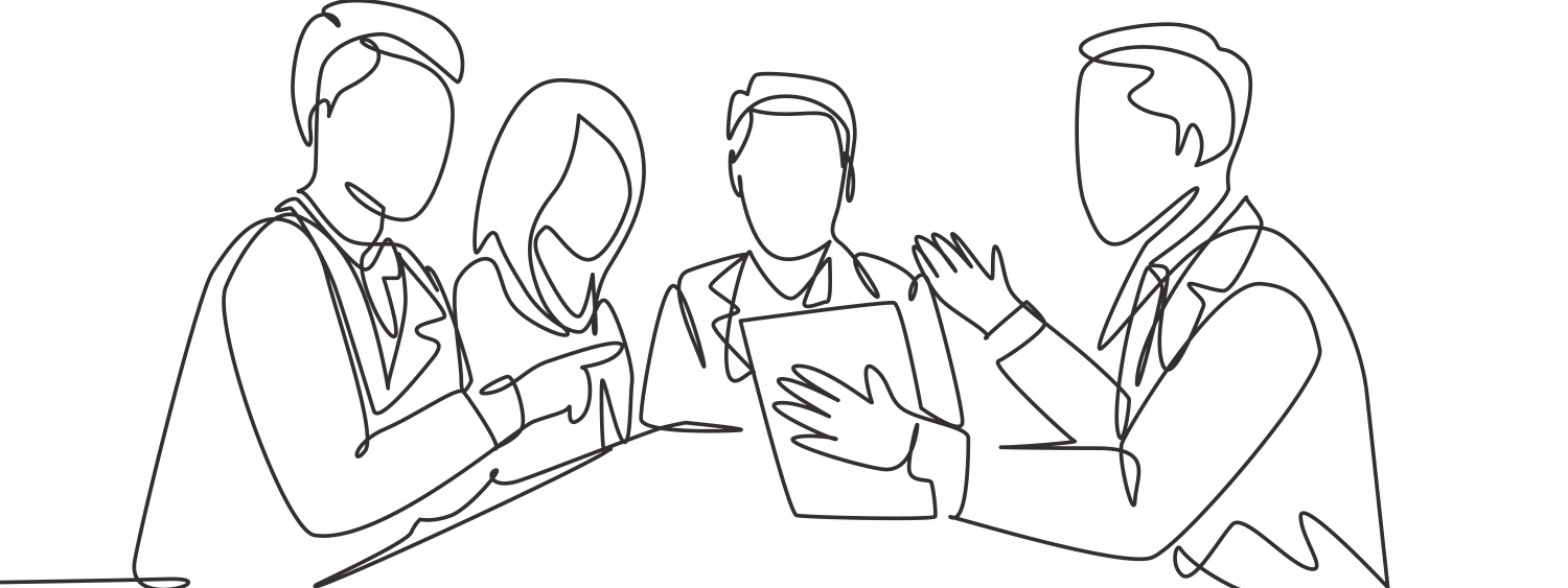 Single line drawing of a group of people in discussion