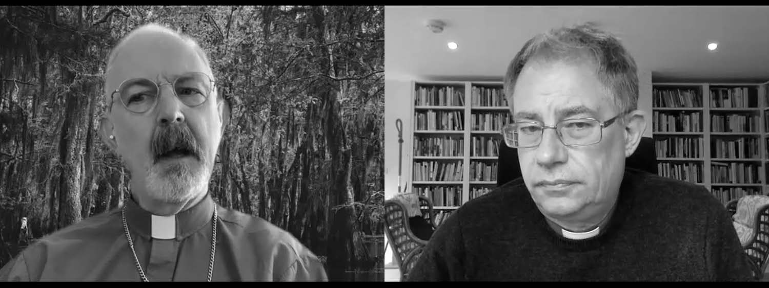 A black and white screenshot of a video call between Bishop Steven Croft and the Rt Revd Jacob Wayne Owensby