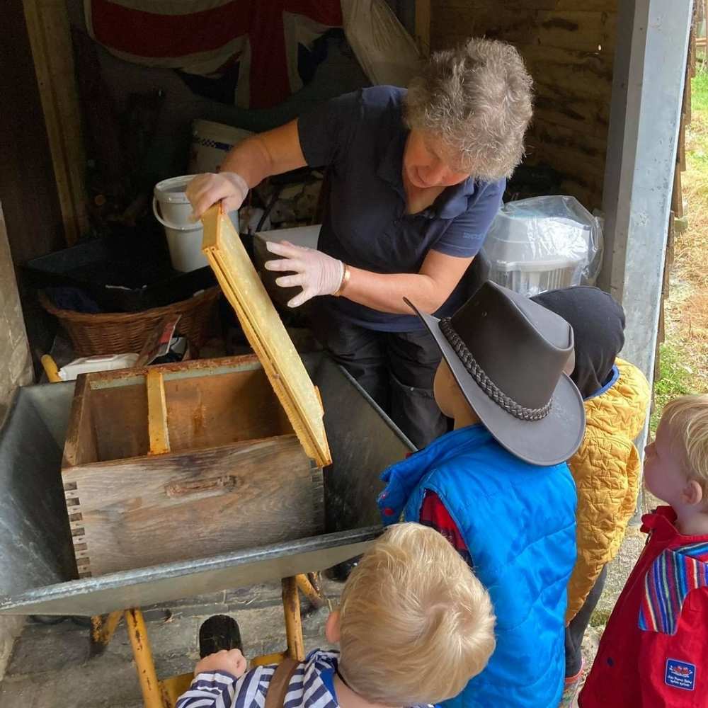 Bee Keeping, three small children stand looking at a bee hive with an older lady showing the honeycomb to the children