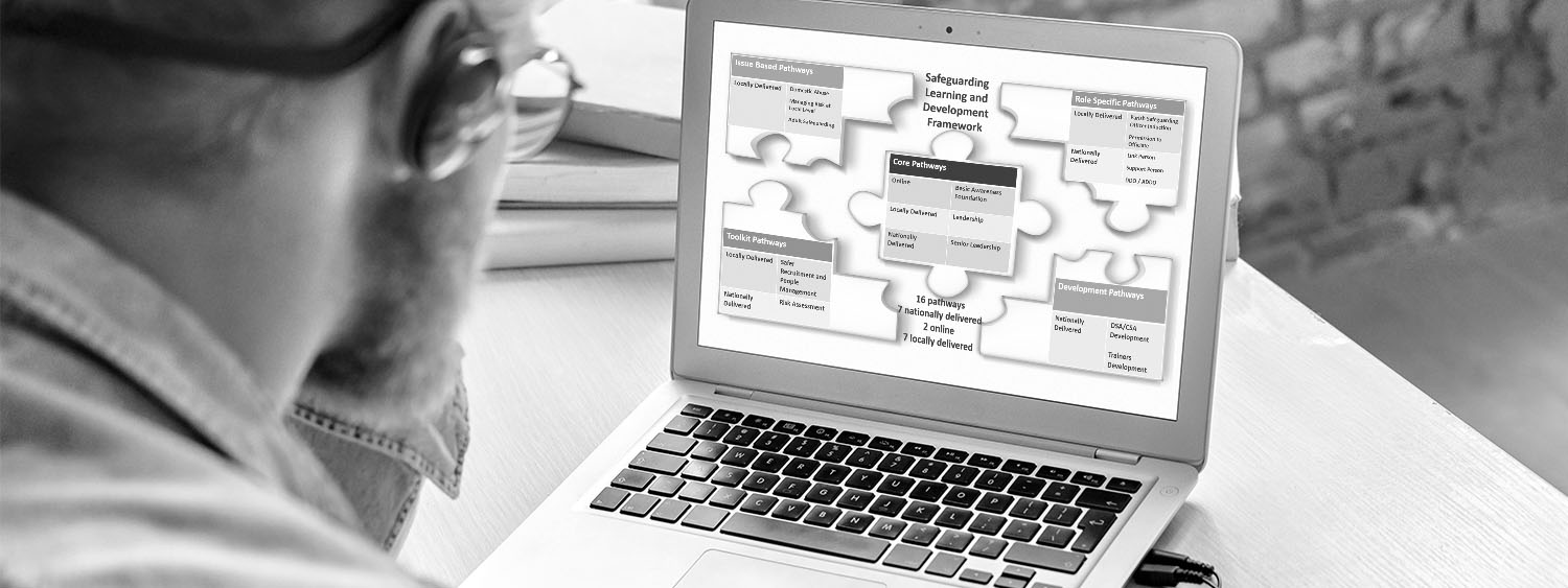 Person sat looking at computer screen with church of england safeguarding framework diagram visible