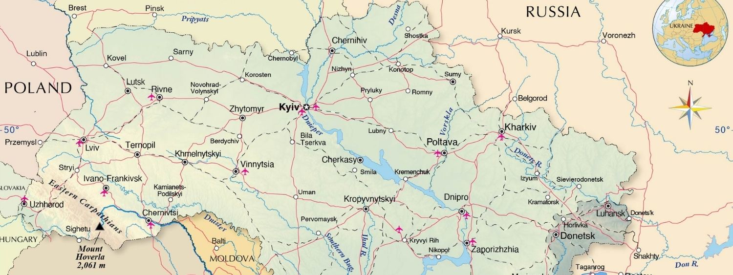Map showing the location of Ukraine in europe.