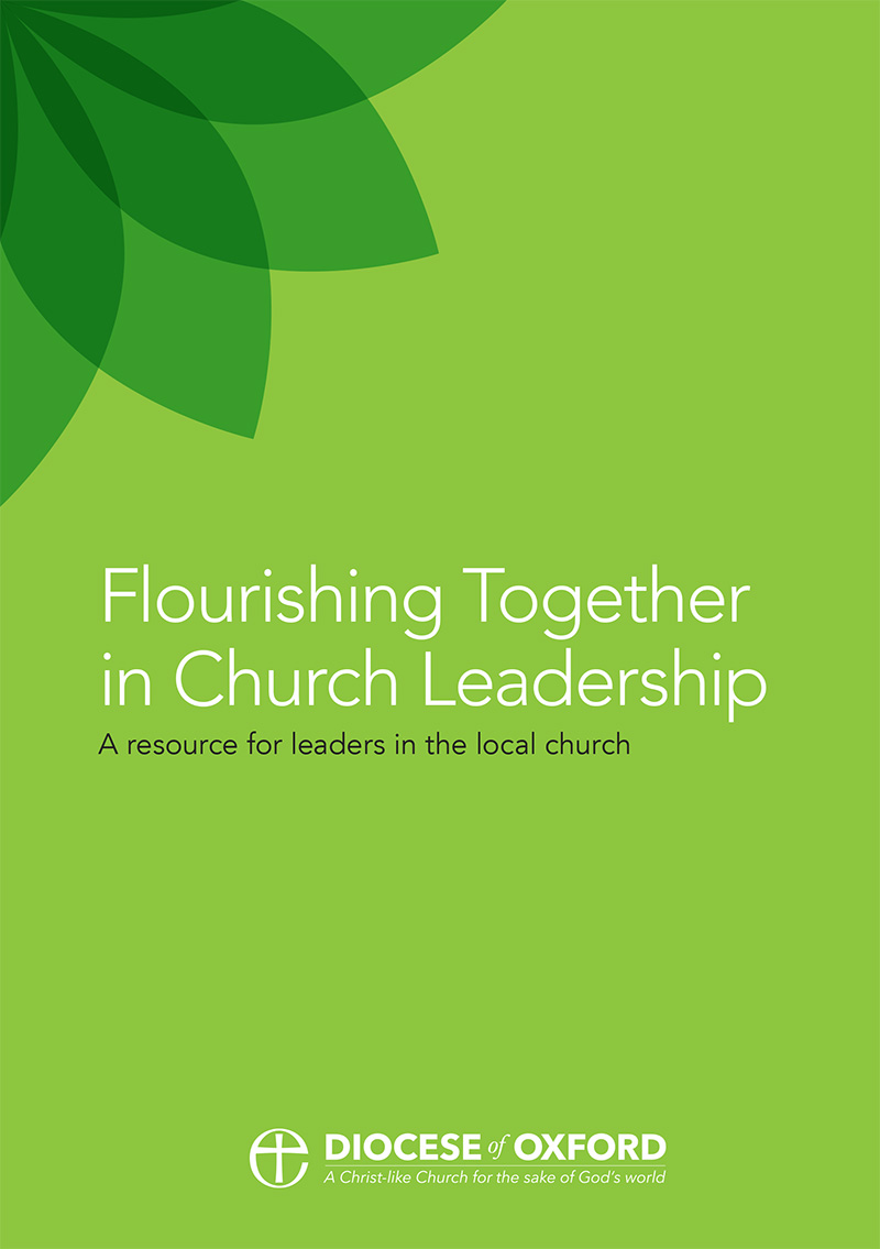Flourishing together in church leadership front cover. Under a dark green floral pattern, text reads 