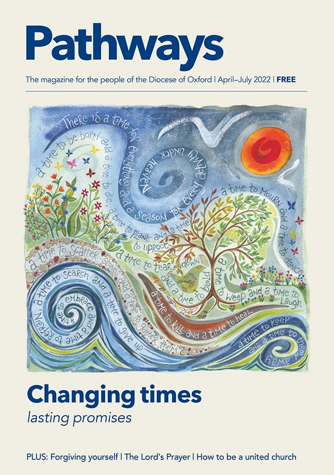 Pathways magazine cover for April-July 2022. A watercolour illustration by Hannah Dunnett shows the sea, a tree and a red sun, covered in words from the bible.