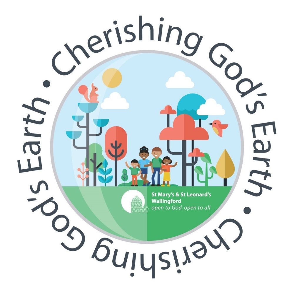 Logo reads: Cherishing God's Earth. text surrounds a circle with trees and St Marys and St Leonards parish logo.