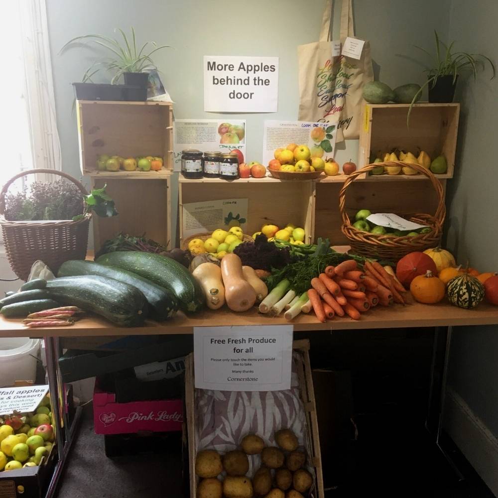 Arrangement of fresh vegetables and fruit on a table in boxes.