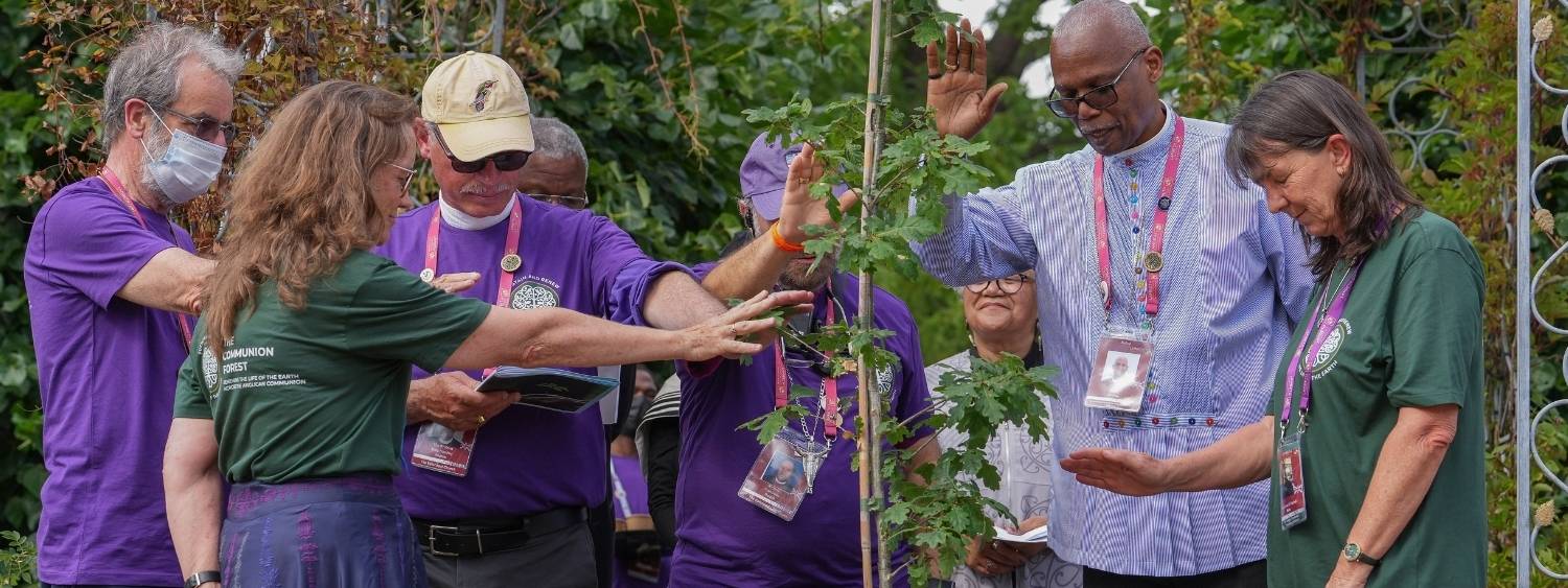 Bishops and spouses at Lambeth Conference praying during a tree planting ceremony