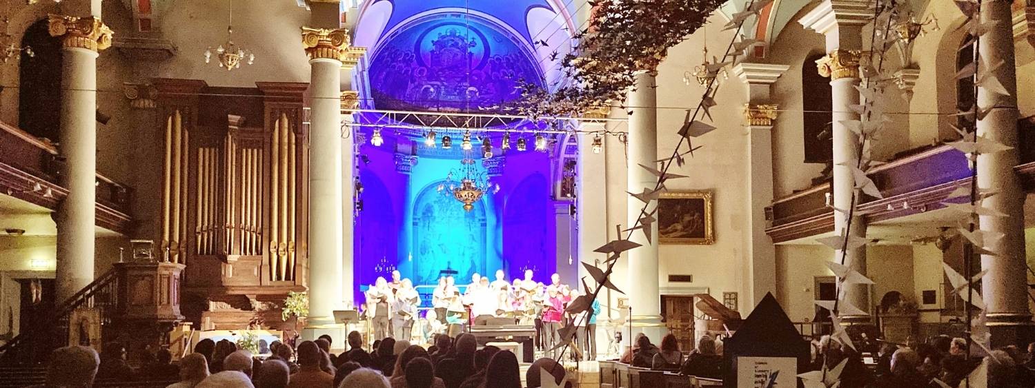 View of inside St Marys Church Banbury with crane exhibit and choir at the altar