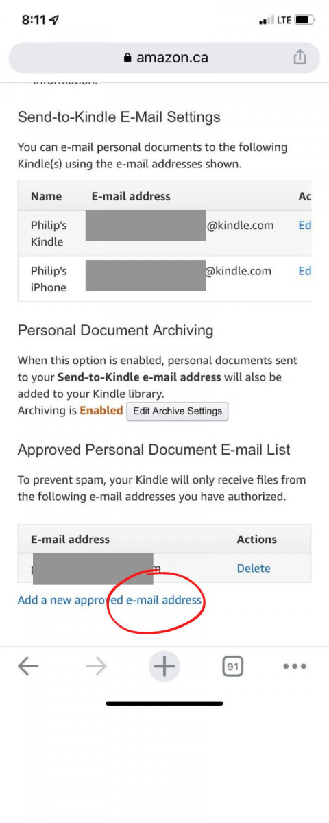 Screenshot of Kindle settings screen