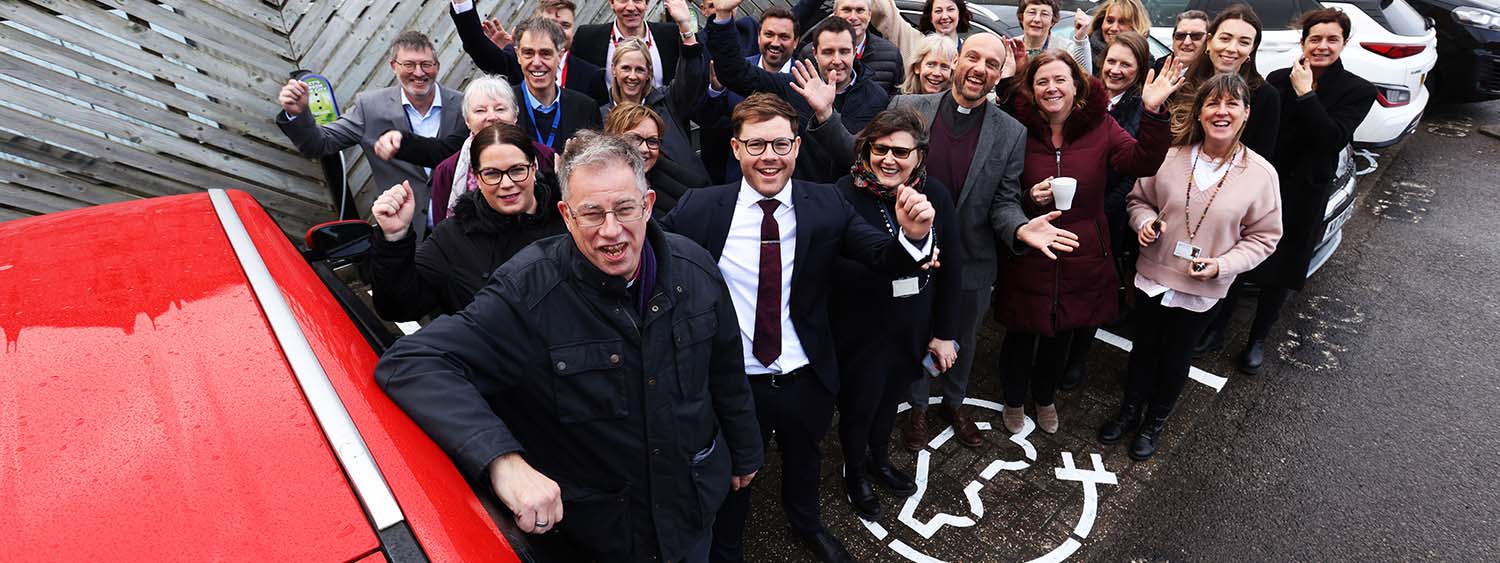 Bishop Steven staff and colleagues celebrate the new EV chargers at Church House, Oxford. Part of our plan to achieve net zero by 2035.