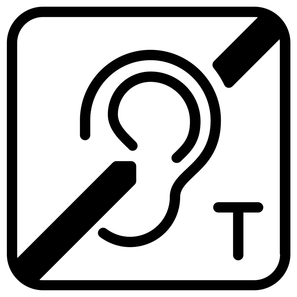 Hearing loop sign. A black line drawing on a white background shows an ear with a diagonal line passing through it from the bottom left to top right. In the bottom right corner is the letter T.