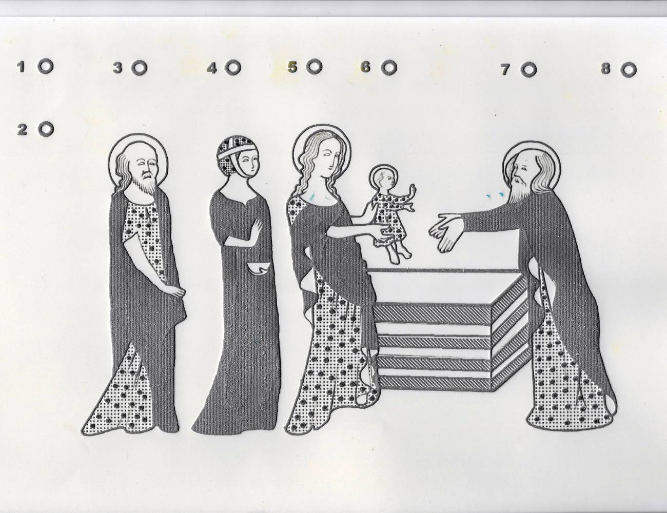Printed design of four figures, three with Halos and one is holding the Christ child.
