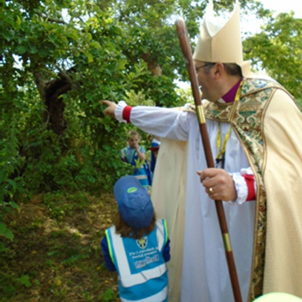 Bishop Gavin is wearing a golden yellow mitre and cloak, also known as a cope, and carrying a crozier. He is pointing at a tree and a young child in a cap and hi-vis blue jacket is standing next to him
